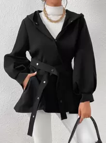 SHEIN Essnce Abrigo con capucha de manga farol con bolsillo oblicuo con cinturón - Negro - Ver 1