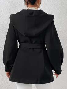 SHEIN Essnce Abrigo con capucha de manga farol con bolsillo oblicuo con cinturón - Negro - Ver 2