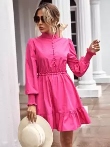 GENKIRA Mock Neck Frill Trim Ruffle Hem Dress Workwear - Pink - View 6