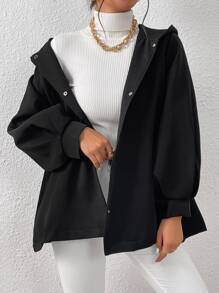SHEIN Essnce Abrigo con capucha de manga farol con bolsillo oblicuo con cinturón - Negro - Ver 3