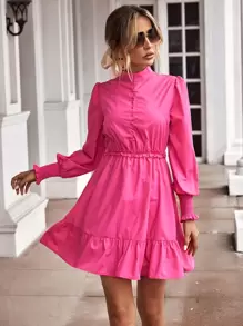GENKIRA Mock Neck Frill Trim Ruffle Hem Dress Workwear - Pink - View 7