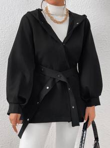 SHEIN Essnce Abrigo con capucha de manga farol con bolsillo oblicuo con cinturón - Negro - Ver 5