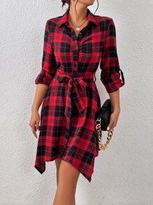 SHEIN Frenchy Vestido camisero con estampado de cuadros bajo asimétrico con cinturón - Rojo - Ver 4