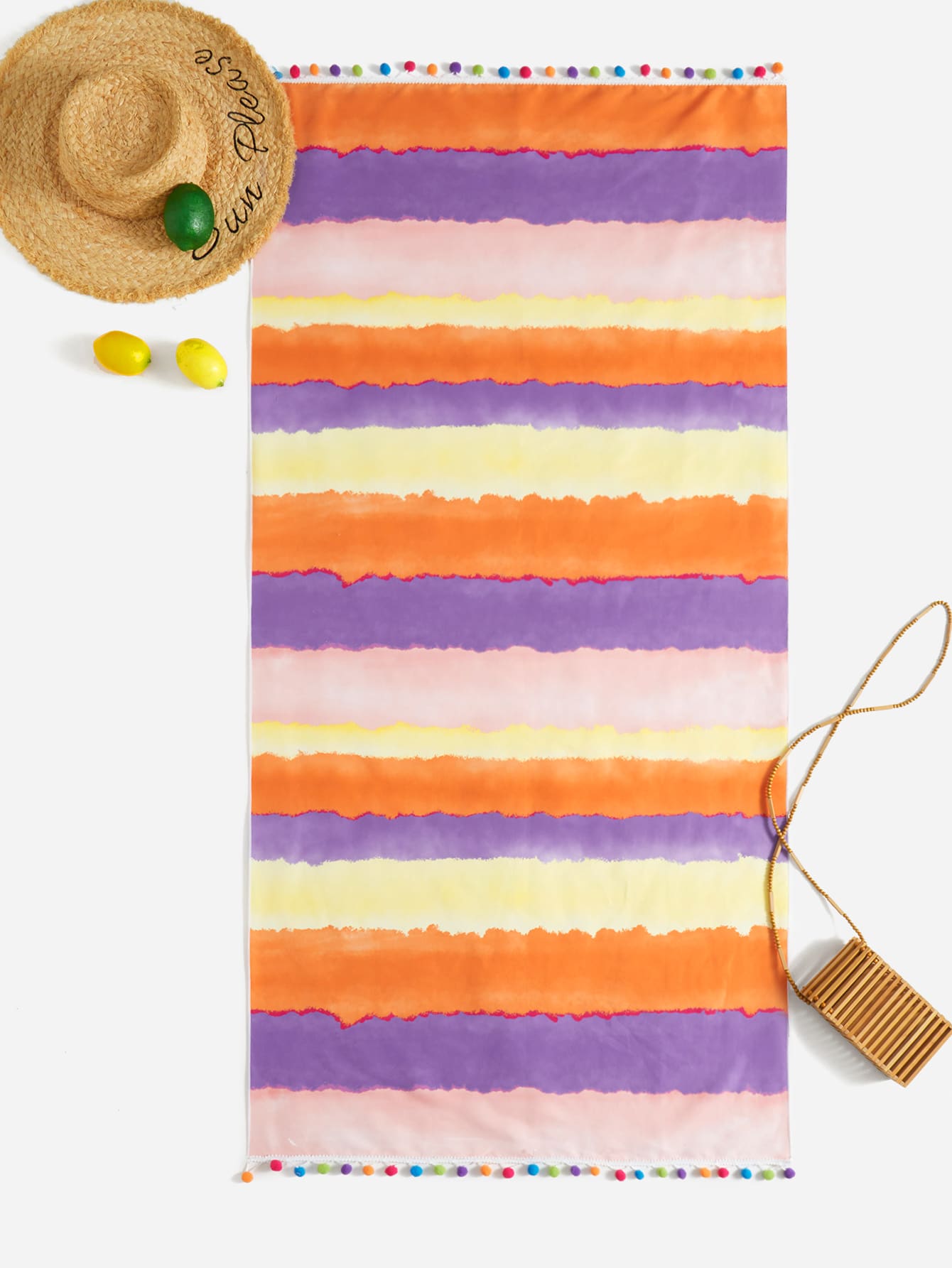Block Striped Pom Pom Trim Beach Blanket - Multicolor - View 1