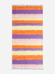 Block Striped Pom Pom Trim Beach Blanket - Multicolor - View 2