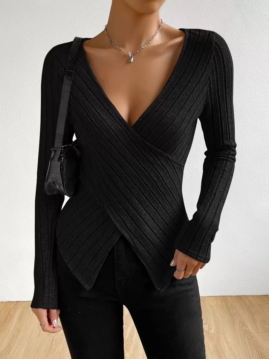 SHEIN Privé Solid Crisscross Ribbed Knit Tee - Black - View 1