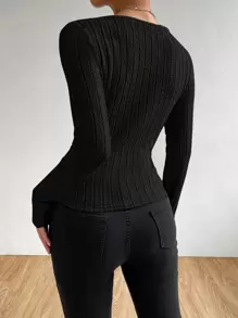 SHEIN Privé Solid Crisscross Ribbed Knit Tee - Black - View 2