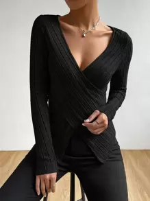 SHEIN Privé Solid Crisscross Ribbed Knit Tee - Black - View 4