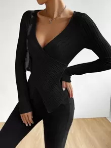 SHEIN Privé Solid Crisscross Ribbed Knit Tee - Black - View 5