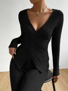 SHEIN Privé Solid Crisscross Ribbed Knit Tee - Black - View 6