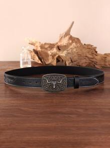 1入組女性黃牛頭細節方形扣復古皮帶適用於日常 - 咖啡棕 - 查看 2