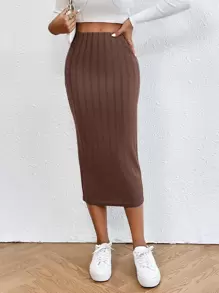 SHEIN LUNE Váy nữ Gân đan màu trơn Thanh lịch - Cà phê nâu - Xem 1