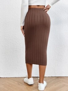 SHEIN LUNE Váy nữ Gân đan màu trơn Thanh lịch - Cà phê nâu - Xem 2