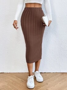 SHEIN LUNE Váy nữ Gân đan màu trơn Thanh lịch - Cà phê nâu - Xem 3