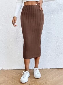 SHEIN LUNE Váy nữ Gân đan màu trơn Thanh lịch - Cà phê nâu - Xem 5