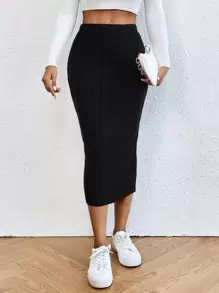 SHEIN LUNE Solid Ribbed Knit Bodycon Skirt - Black - View 3