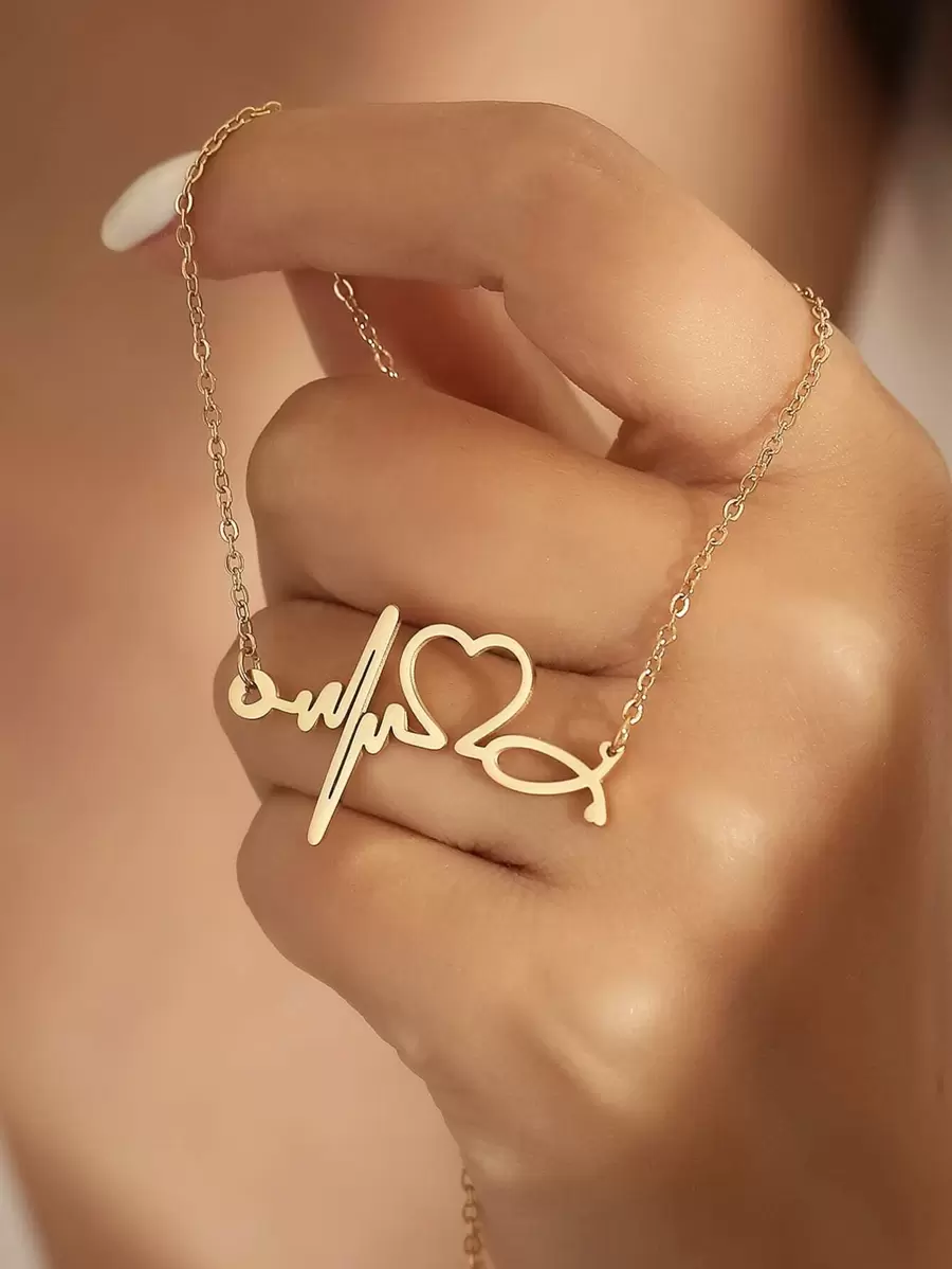 Heart & Heartbeat Charm Necklace - Yellow Gold - View 1
