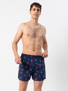 男士樱桃印花弹力腰带平角内裤，透气 - 藏蓝色 - 查看 4