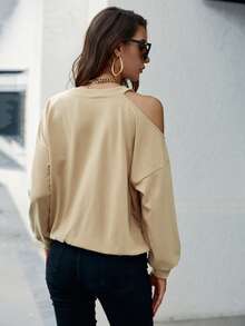 Sollinarry Solid Cut Out Shoulder Sweatshirt - Khaki - View 2