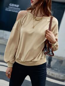 Sollinarry Solid Cut Out Shoulder Sweatshirt - Khaki - View 3
