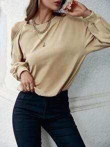 Sollinarry Solid Cut Out Shoulder Sweatshirt - Khaki - View 4