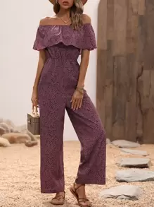 SHEIN VCAY Mono con estampado de lunares de hombros descubiertos ribete con fruncido - Rosa - Ver 1