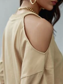 Sollinarry Solid Cut Out Shoulder Sweatshirt - Khaki - View 5