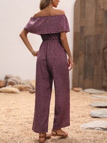 SHEIN VCAY Mono con estampado de lunares de hombros descubiertos ribete con fruncido - Rosa - Ver 2