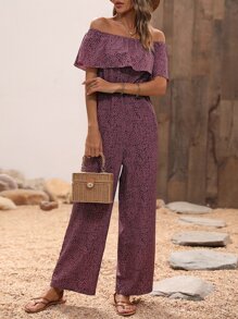 SHEIN VCAY Mono con estampado de lunares de hombros descubiertos ribete con fruncido - Rosa - Ver 5