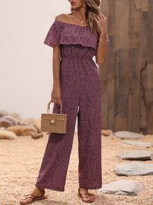 SHEIN VCAY Mono con estampado de lunares de hombros descubiertos ribete con fruncido - Rosa - Ver 6