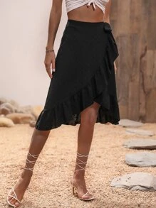 SHEIN VCAY Ruffle Trim Wrap Knot Side Skirt - Black - View 4