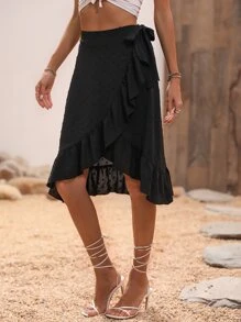 SHEIN VCAY Ruffle Trim Wrap Knot Side Skirt - Black - View 6