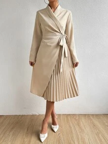 Chiquease 青果領百褶下擺側繫帶洋裝 - 杏色 - 查看 3