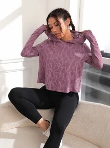 Easithlete Geo Print Hooded Asymmetrical Hem Sports Sweatshirt Fall Hoodie Sweatshirts - Dusty Purple - View 6