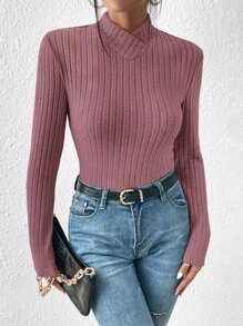 SHEIN Frenchy Mock Neck Rib Knit Tee - Dusty Pink - View 1