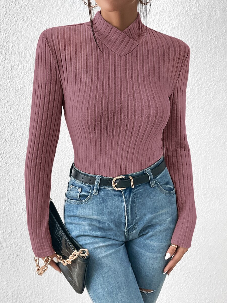 SHEIN Frenchy Mock Neck Rib Knit Tee - Dusty Pink - View 1