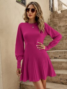 SHEIN Frenchy Lantern Sleeve Ribbed Knit Pleated Jumper Dress - Hot Pink - View 3