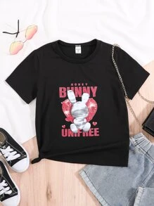 Girls 1pc Rabbit & Letter Graphic Tee - Black - View 1