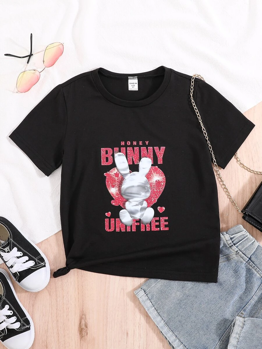 Girls 1pc Rabbit & Letter Graphic Tee - Black - View 1