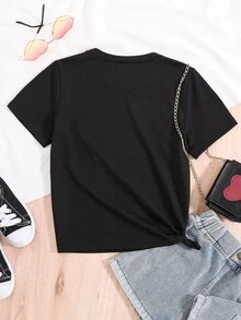 Girls 1pc Rabbit & Letter Graphic Tee - Black - View 2