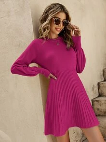 SHEIN Frenchy Lantern Sleeve Ribbed Knit Pleated Jumper Dress - Hot Pink - View 4