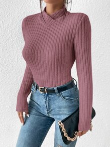 SHEIN Frenchy Mock Neck Rib Knit Tee - Dusty Pink - View 3