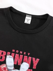 Girls 1pc Rabbit & Letter Graphic Tee - Black - View 4