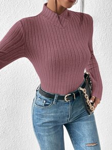 SHEIN Frenchy Mock Neck Rib Knit Tee - Dusty Pink - View 4