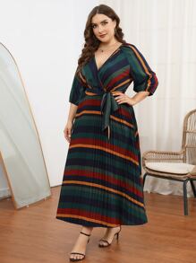 SHEIN Unity Plus Striped Surplice Front Belted Pleated Hem Dress - Multicolor - View 1