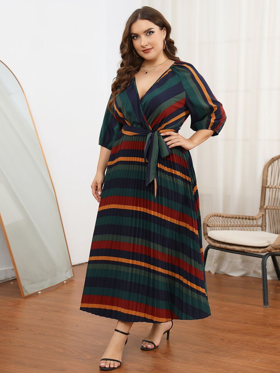 SHEIN Unity Plus Striped Surplice Front Belted Pleated Hem Dress - Multicolor - View 1