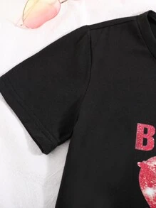 Girls 1pc Rabbit & Letter Graphic Tee - Black - View 5