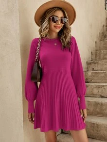 SHEIN Frenchy Lantern Sleeve Ribbed Knit Pleated Jumper Dress - Hot Pink - View 5