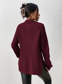 SHEIN Frenchy Half Zip Ribbed Knit Drop Shoulder Split Hem Sweater,Long Sleeve Tops