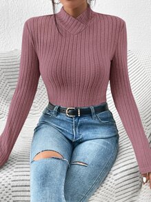 SHEIN Frenchy Mock Neck Rib Knit Tee - Dusty Pink - View 5